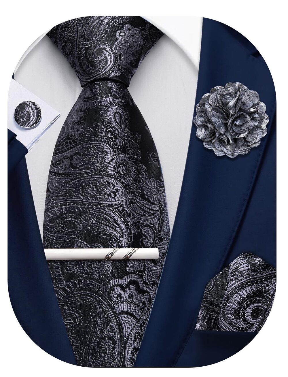 1391 Black Grey Paisley Ties Silk Woven Necktie Pocket Square Cufflinks Tie